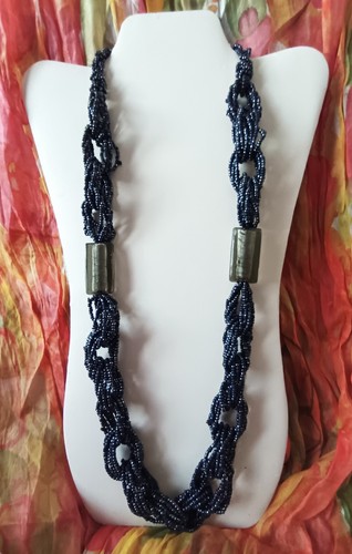 Black Multifilire Jais Necklace Crafted with Braided Rings. 80 cm long