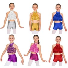Kids Girls Set Competition Outfits Crop Top Dancewear Modern Sleeveless Disco