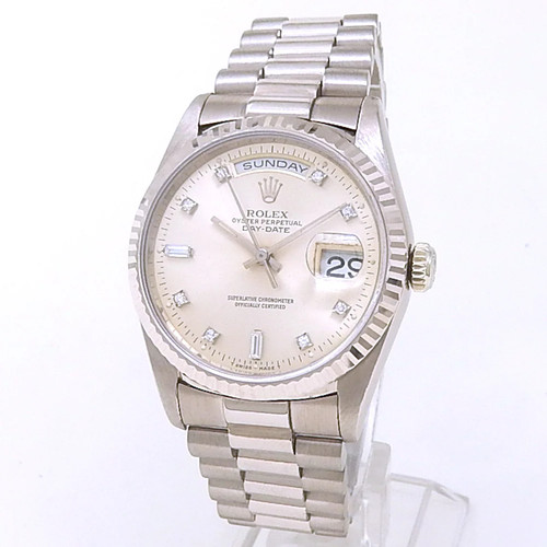 Rolex Day-Date 18k White Gold President Auto Diamonds Silver M...