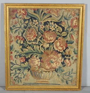 MUSEUM QUALITY 17TH C NEEDLEWORK PICTURE OF A BASKET OF FLOWERS IN GREAT COLORS