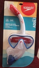 Speedo Adult Snorkel Set Mask Dry Snorkel Blue Red New Sealed Package