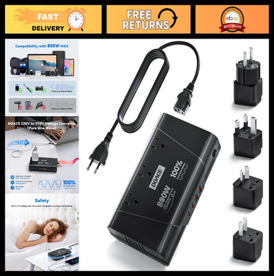 800W Voltage Converter 220V to 110V Pure Sine Wave Transformer, Travel Adapter,