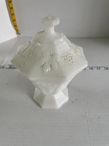 Vintage Anchor Hocking Milk Glass Octagon Candy Dish/Leaf & Grapes W/ Sticker