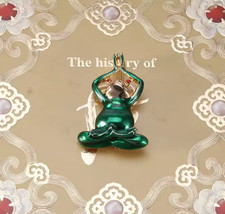 Green Yoga Frog Brooch Enamel Gold Whimsical Animal Meditation Pin Jewelry Gift