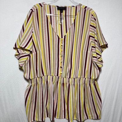 Lane Bryant Top size 24 Plus Multi Striped Short-Sleeve V-Neck Smock Waist