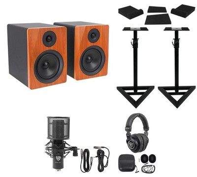 (2) Rockville APM5C 5.25'' Powered USB Studio Monitors+Stands+Pads+Mic+Headphones