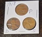1918 P, D, S Lincoln Wheat Penny, Cent, Fine Condition