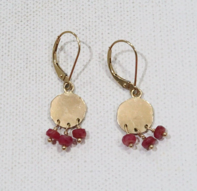 Etsy artisan Jane Fuller JaneFullerDesigns 14K gold disc earrings w ruby dangles