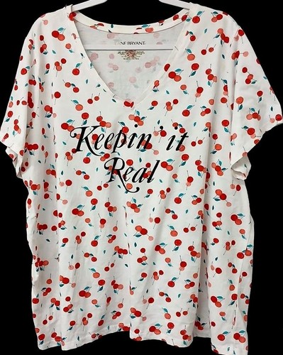 Lane Bryant 26/28 white cherries keepin it real stretch short sleeve top