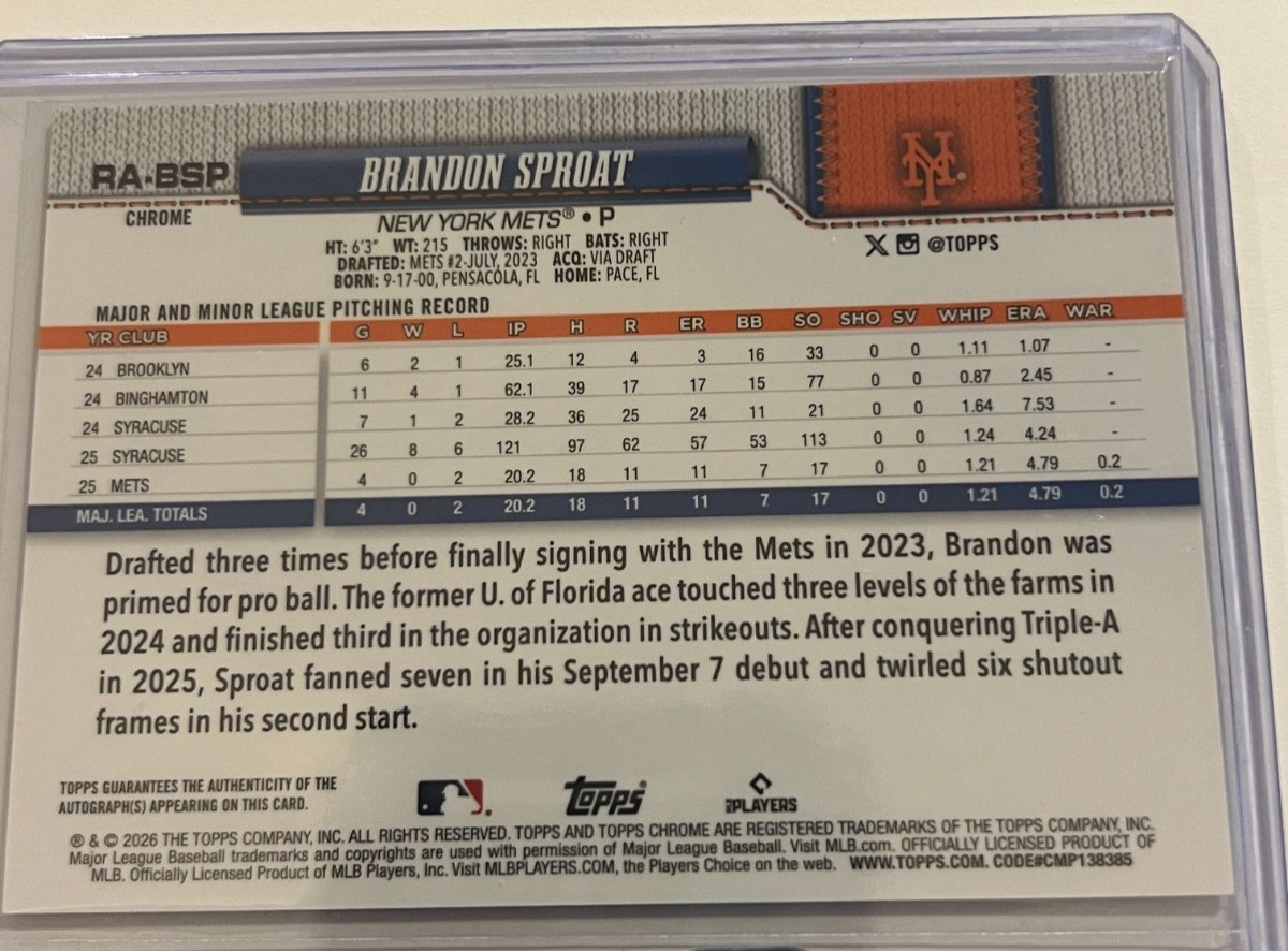 2026 TOPPS CHROME AUTO BRANDON SPROAT SIGNED AUTOGRAPH ROOKIE CARD RC BLUE /150 view 2