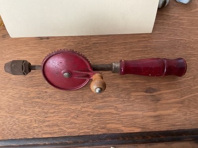 Vintage Egg Beater Style Hand Drill 12  Long  Red Wood Handle