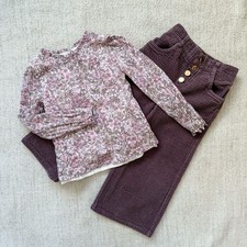 Girl  s Happily Grey 2 Piece Floral Long Sleeve Top Corduroy Pant Wide Leg Size 4