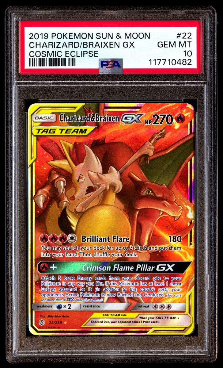 PSA 10 Charizard Braixen GX 22 Pokemon Sun & Moon Cosmic Eclipse