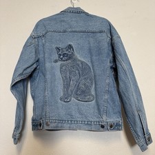 Vtg Cat Design Jean Jacket Medium TYCA Cotton Made in USA Med Wash Denim Unisex