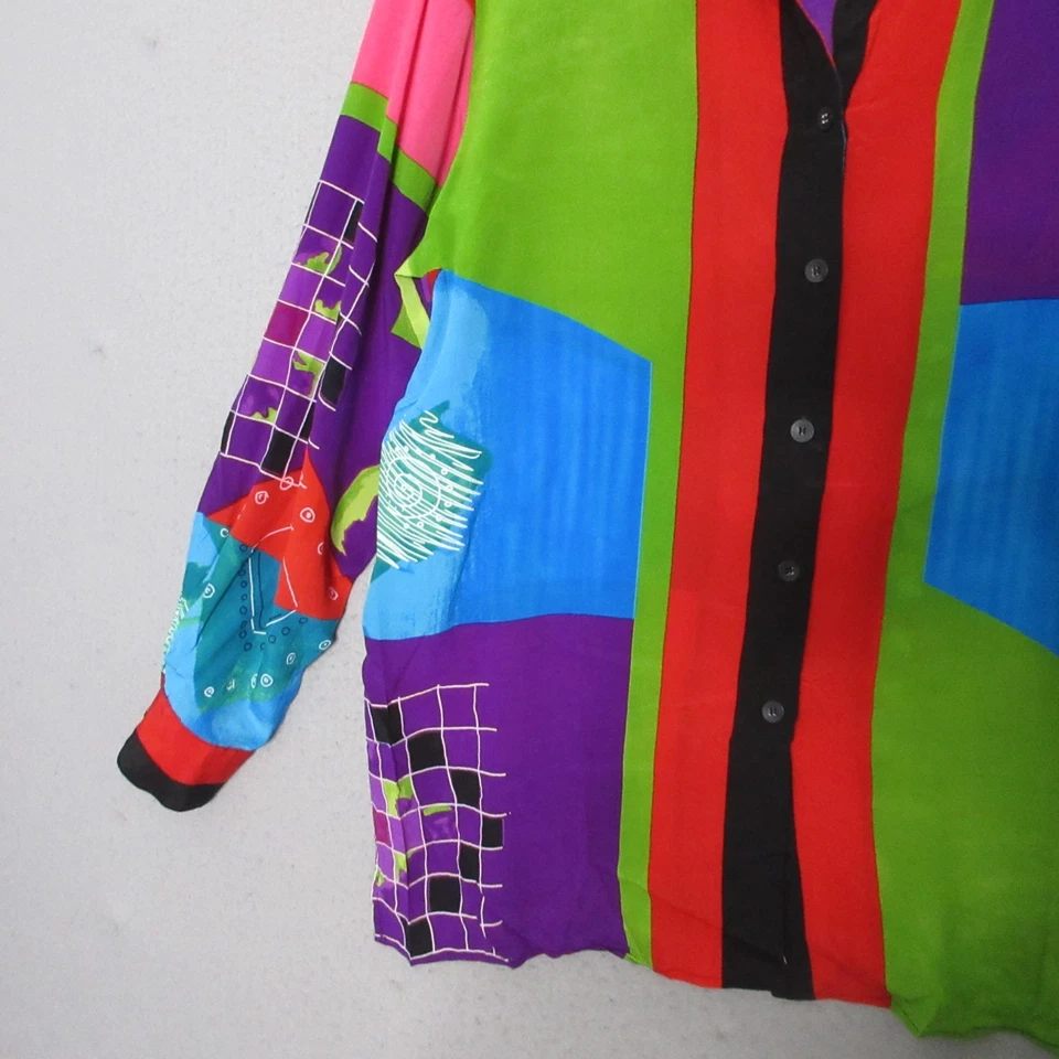 Top de piano vintage grande de seda colorido brillante raro artístico declaración años 80 abotonado Foto 3 de 4