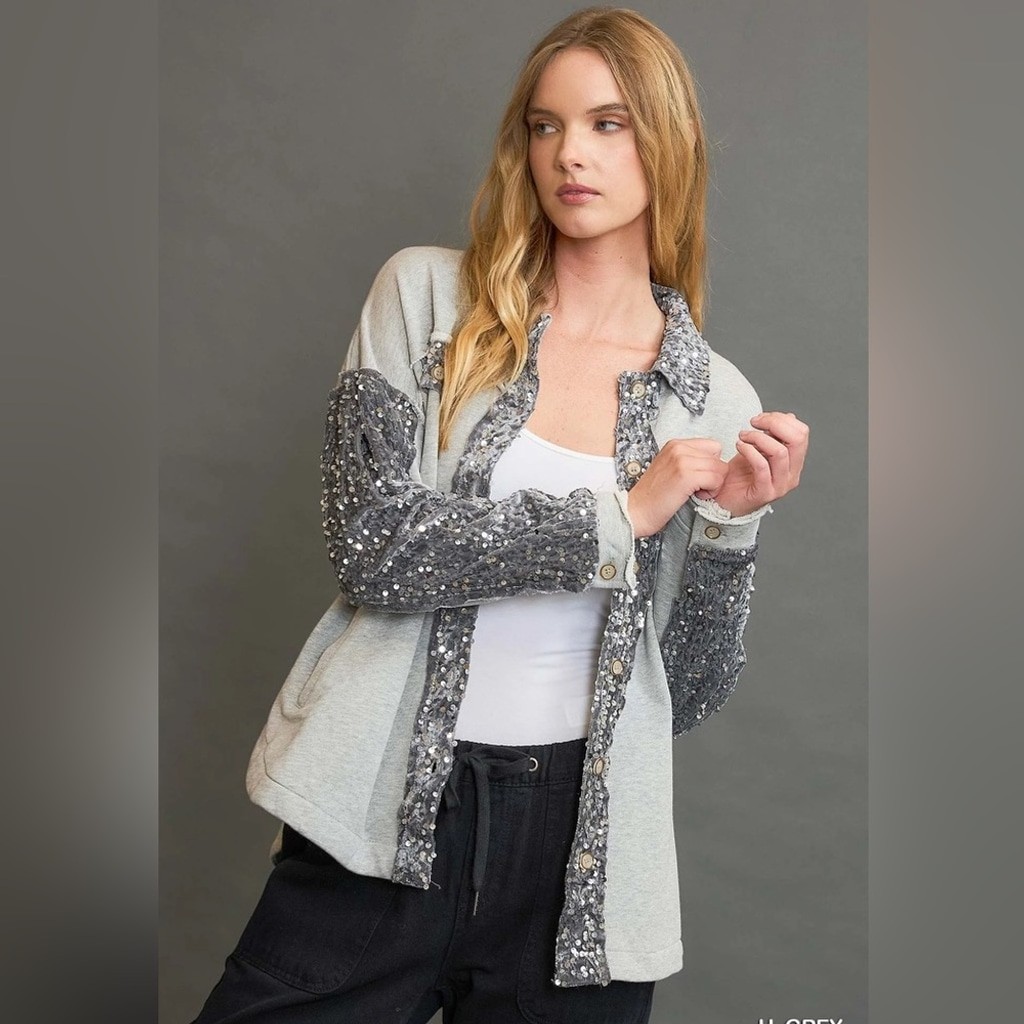 Umgee Gray Sequin Trim Button Front Jacket Sweats… - image 1