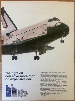 1996 Mobil 1 Space Shuttle Columbia Vintage Print Ad