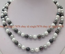 Long 36" 8/10/12mm White Gray Black South Sea Shell Pearl Round Beads Necklace