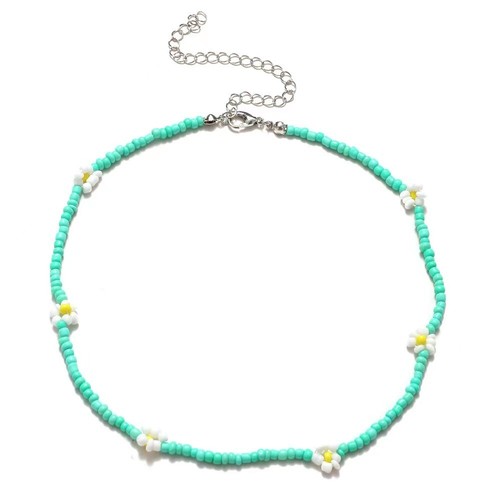 Women's Bohemian Flower Seed Bead Necklace Mint Green Beaded Choker Jewelry 20" - Picture 3 of 3