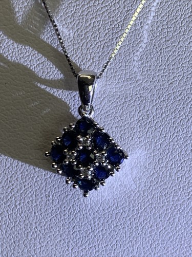 Natural Sapphire 14K White Gold Diamond Necklace 2.8 Gram 16" Inch - Picture 7 of 12