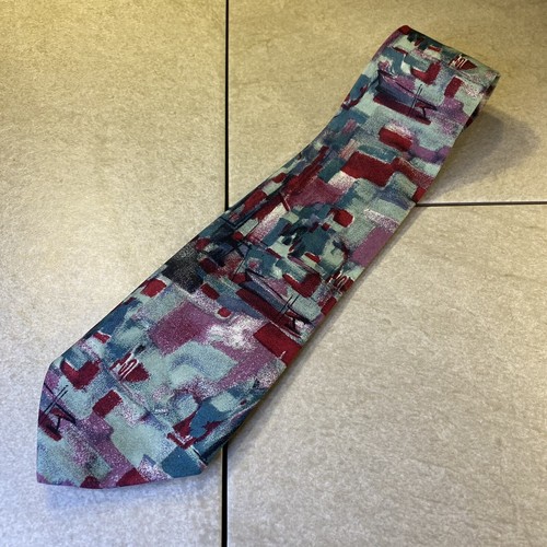 Austin Grey Tie Necktie 100% Silk Made in Italy Green Red Purple Multi Abstract - Picture 3 of 10