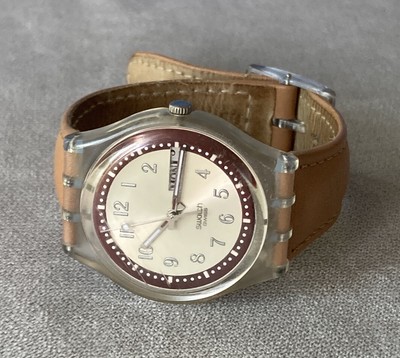 Swatch Watch Croissant Chaud GE700 Day/Date 34mm Leather Good Condition  Working 7610522016989 | eBay