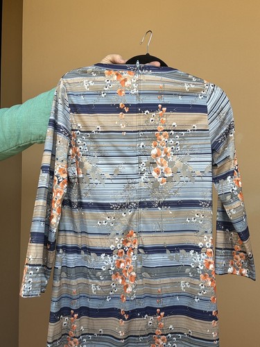 70s Long Sleeve Dress L Poppies on Stripes! - Picture 6 of 8
