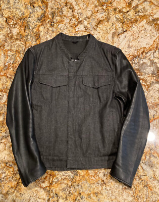 First MFG Rough Neck Leather Denim Motorcycle Jacket Men s M Black Biker