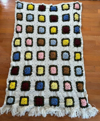 Vintage Hand Crocheted Blanket With 3D Rose Pattern & Fringe Afghan Throw 72x43