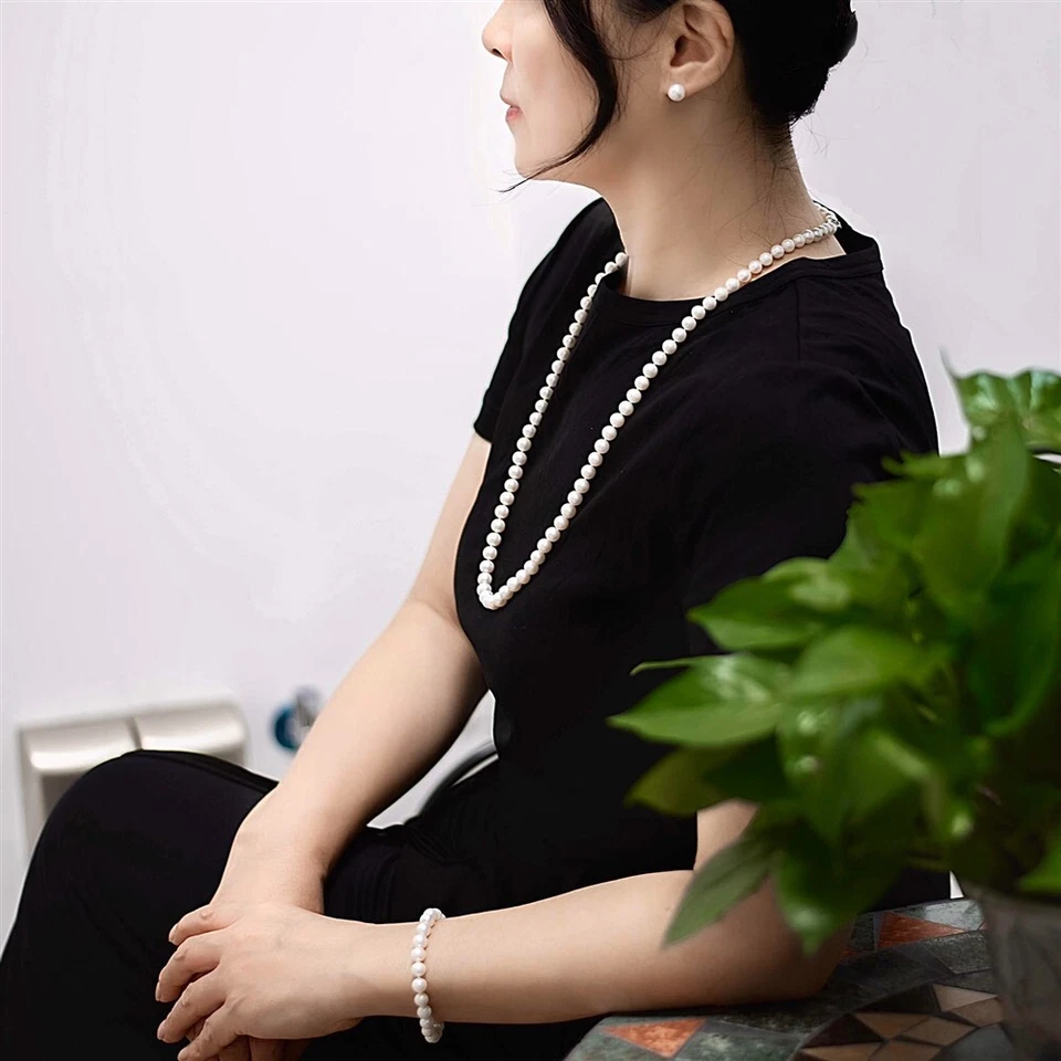 Conjunto de pendientes pulsera collar perlas blancas redondas de 8-9 mm de 30 pulgadas largos cultivados Foto 2 de 4