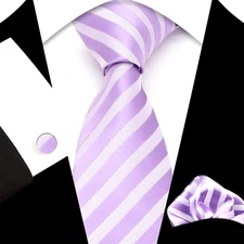 Classic Striped Purple White Jacquard Silk Men's Tie Necktie Hanky Cufflink Set