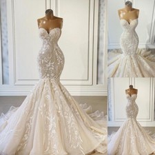 Ivory Lace Applique Mermaid Wedding Dresses Strapless Sweep Train Bridal Gowns