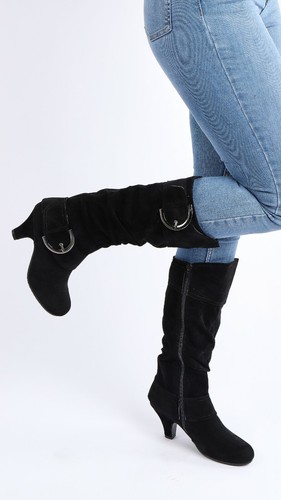 NEW WOMENS LADIES MID HEEL WINTER TWIN BUCKLE ZIP CALF KNEE RIDING SHOES BOOTS - 第 39/55 張圖片