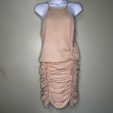 Free People FP One Katya Size M Thermal Waffle Kniot Mini Bodycon Dress Gold Tan