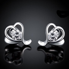 Womens Sterling Silver CZ Crystal Love Heart Ear Stud Earrings EA36