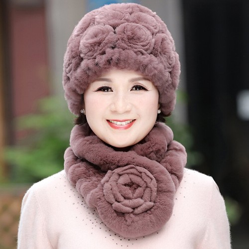 Rex rabbit fur warm mom hat And scarf 