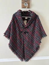 NWT St Johns Bay Womens Red Plaid Cape Shawl Poncho Toggle Closure One Size