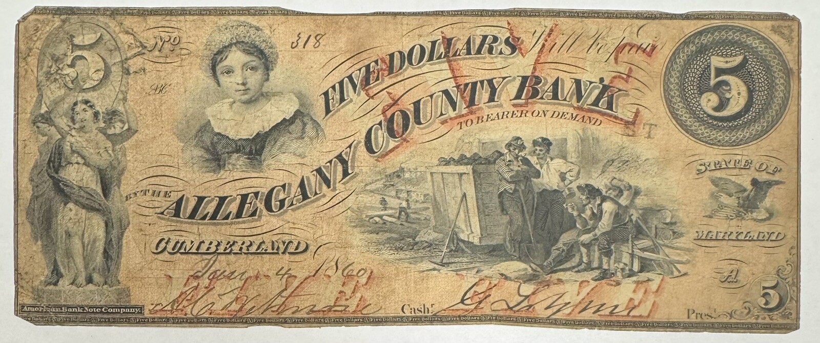 1860 5 Allegany County Bank Cumberland, MD Obsolete Banknote