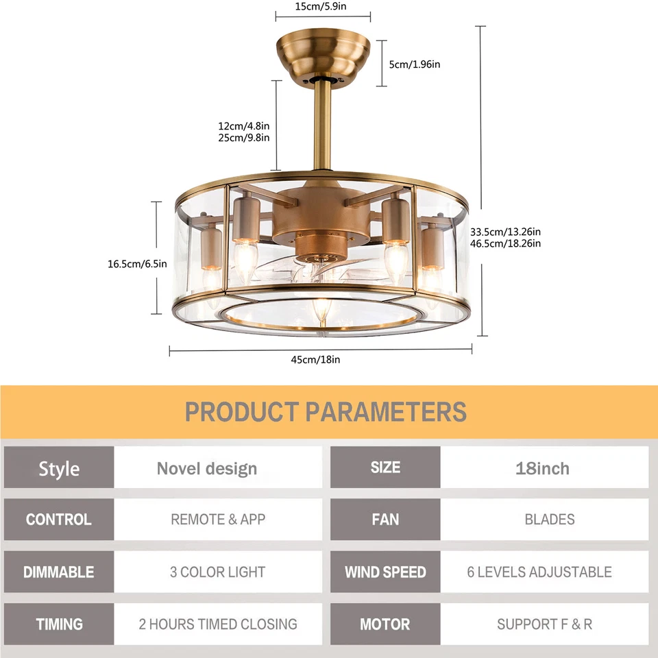 18inch 40W Industrial Indoor Cage Ceiling Fan Chandelier Gold w/ Remote Control - Image 3 of 4