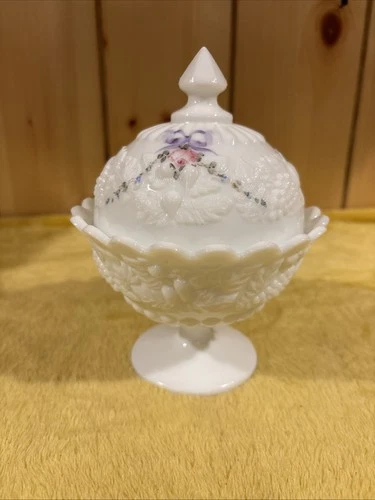 Vintage Westmoreland Handpainted Roses and Bows Milk Glass Candy Dish Compote