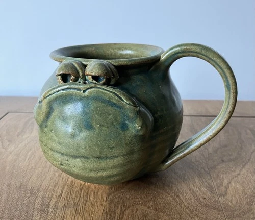 Mudworks studio pottery mug older vintage signed TumanKin FROG face head matte