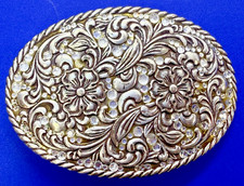 Oval Flower Swirl Ornate with Rhinestone Silver Tone Western Nocona Belt Buckle