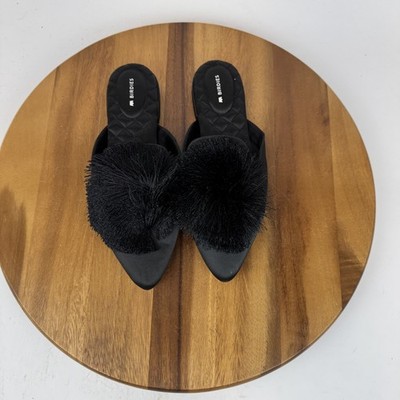 New Womens Birdies Dove Satin Black Pom Pom Casual Slide Mules Size 8 M NWOB