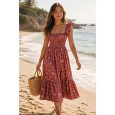 Vestido Mille Olympia Floral Calado Midi Correa Volantes Cottagecore Coastal Talla XXS
