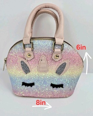 Girls Unicorn Glitter Handbag Kids Purse Small Pink Rainbow Bag 8in Cute
