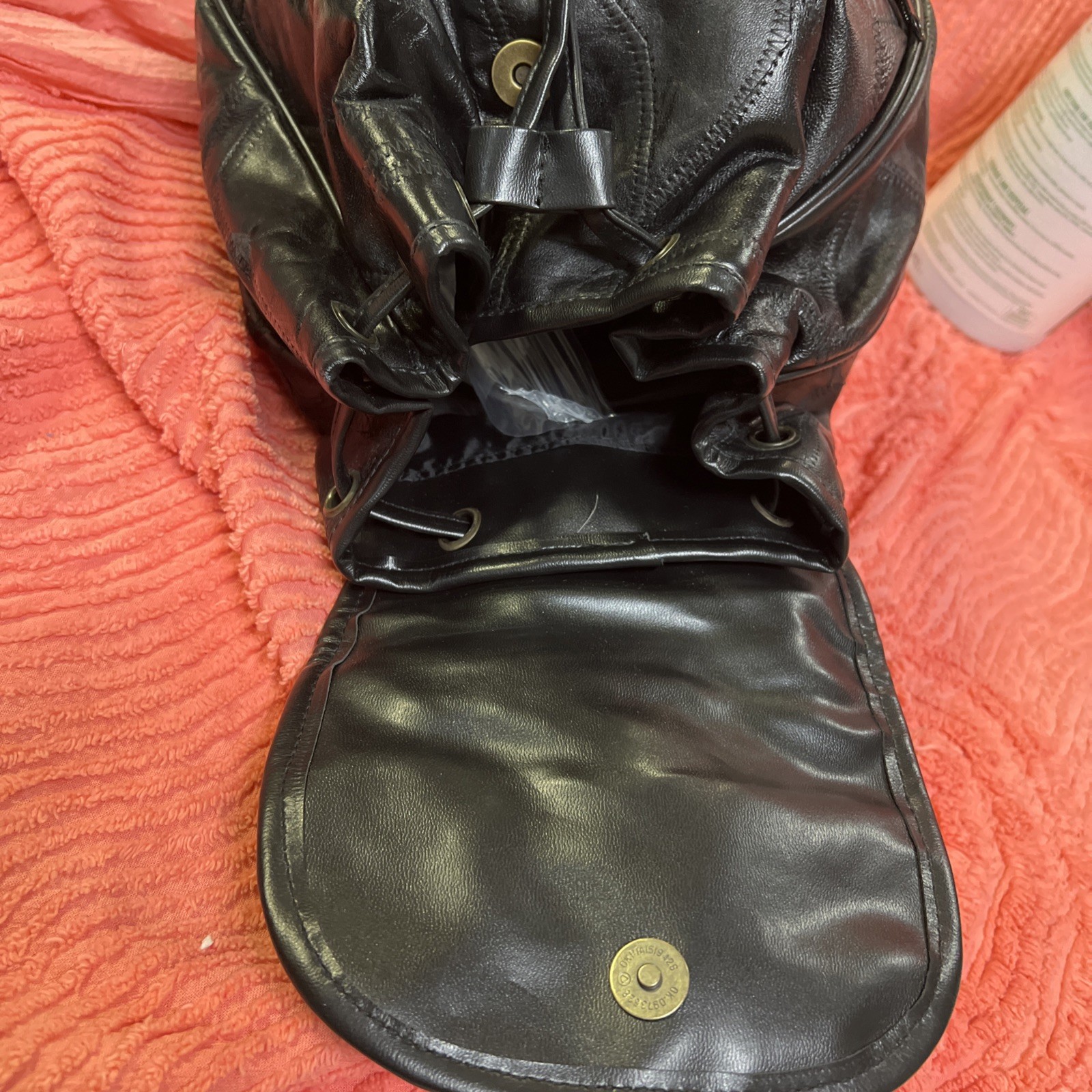 Vintage Black Patchwork Leather Backpack Gold Ton… - image 5