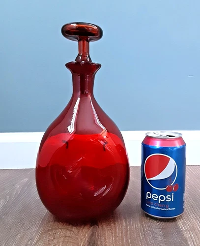 BLENKO Art Glass # 49 Ruby Red PINCHED 10.75" Decanter Bottle Mushroom Stopper