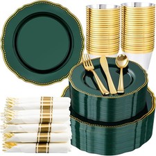 350pcs Green Gold Plastic Plates - Gold Plastic Dinnerware Set Includes 50