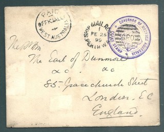 AUSTRALIA OCCIDENTAL 1899 Cubierta oficial al conde de Dunmore Londres