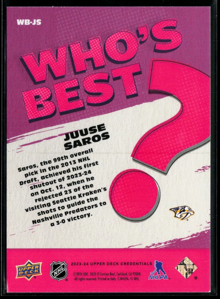 2023-24 Upper Deck Credentials Who's Best? #WB-JS Juuse Saros - Image 2 of 2